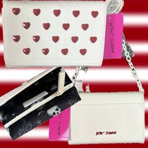 Betsey Johnson White Fold Over Magnetic Close Red Heart Studs Crossbody Handbag